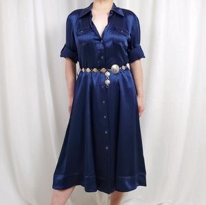 Martin + Osa Navy Satin Silk Midi Shirt Dress 10